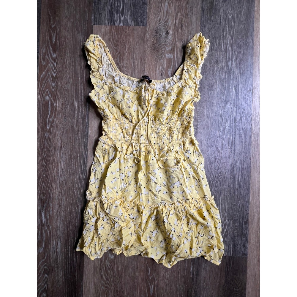 Faded Rose Floral Mini Dress Womens‎ Medium Yellow Excellent Smocked Ruffle Boho